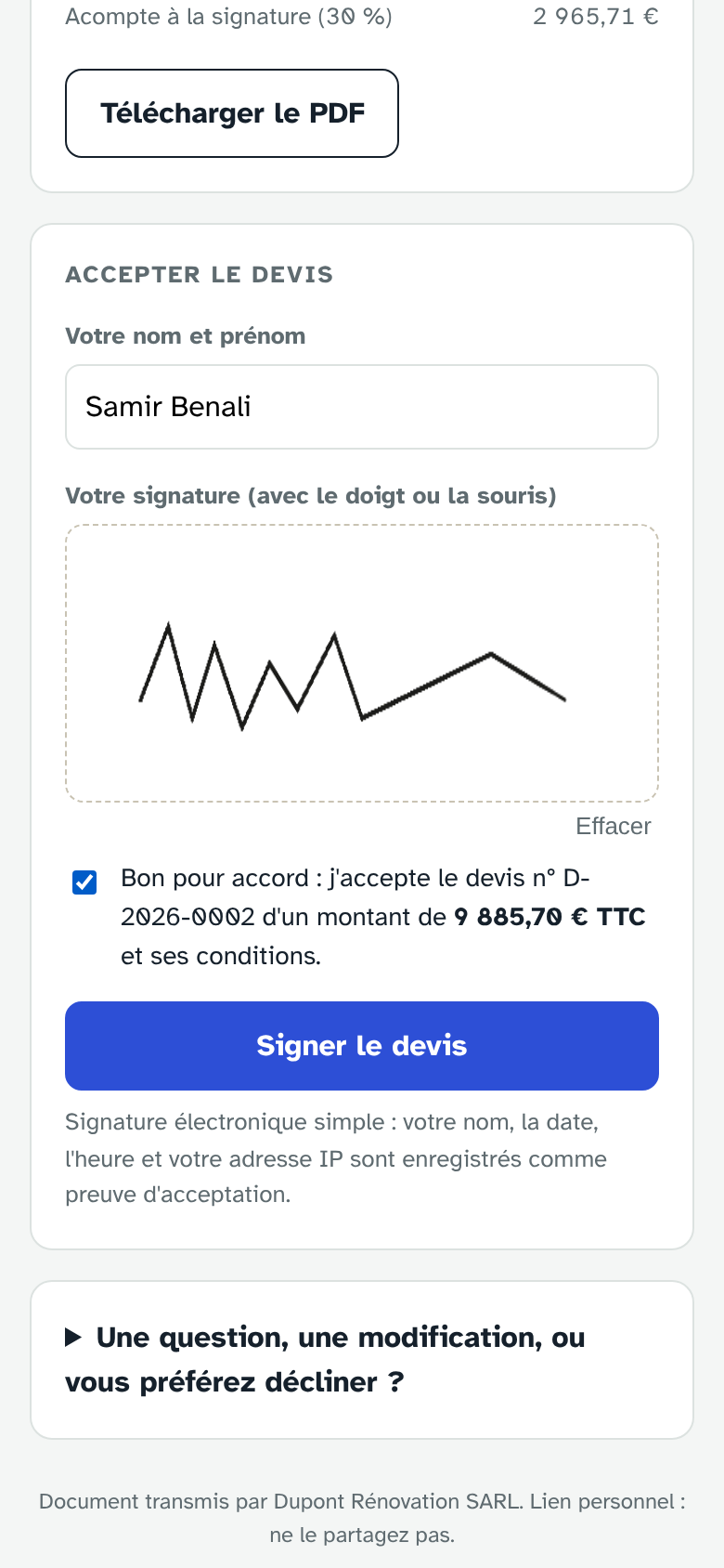 Page de signature du devis vue par le client sur son téléphone